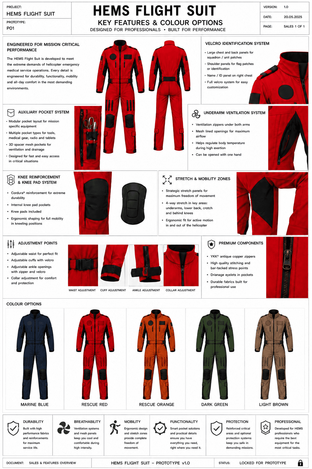 Approved HEMS flight suit master design showing Marine Blue, Rescue Red, Rescue Orange, Dark Green and Light Brown colour options