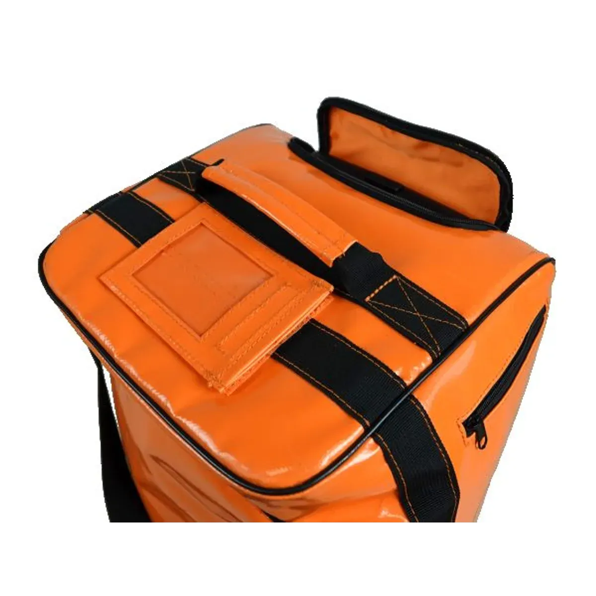 Trolley bag 54 L in orange seen from above, with document pocket, padded handle and open main compartment