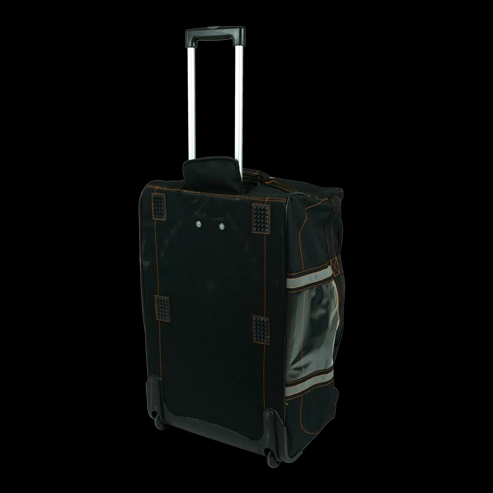 Large black EMG trolley bag seen from behind with telescopic handle and reflective side panel
