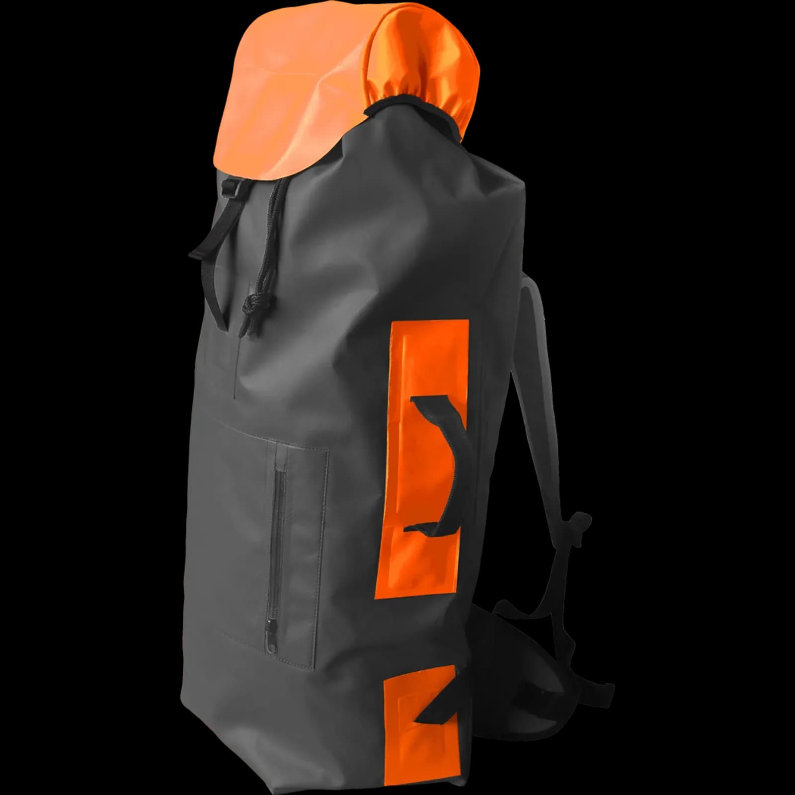Water-repellent backpack 48 L, side view with orange roll-top