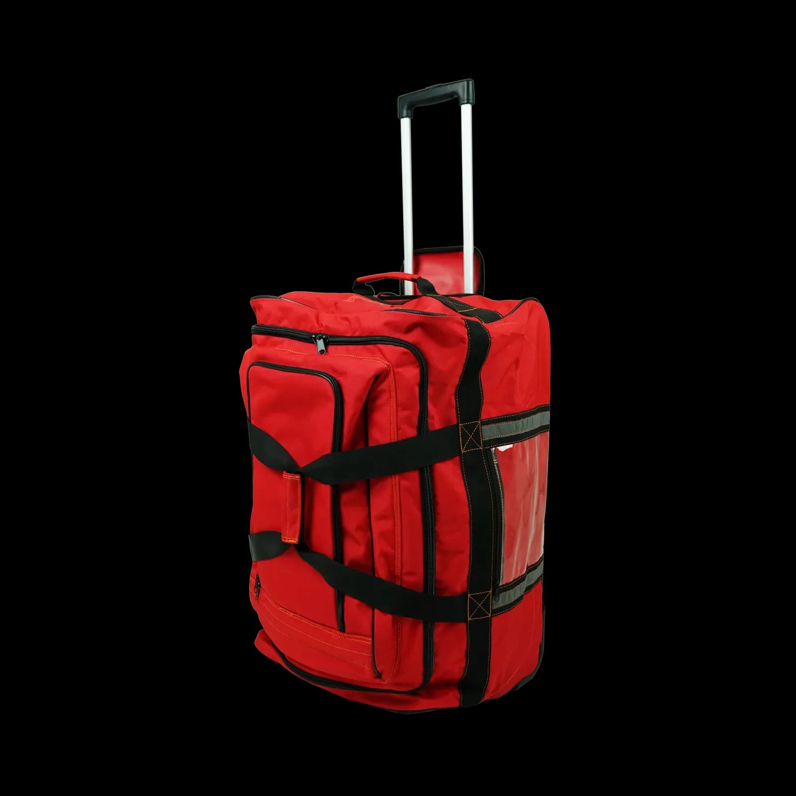 Large red EMG trolley bag standing with telescopic handle extended