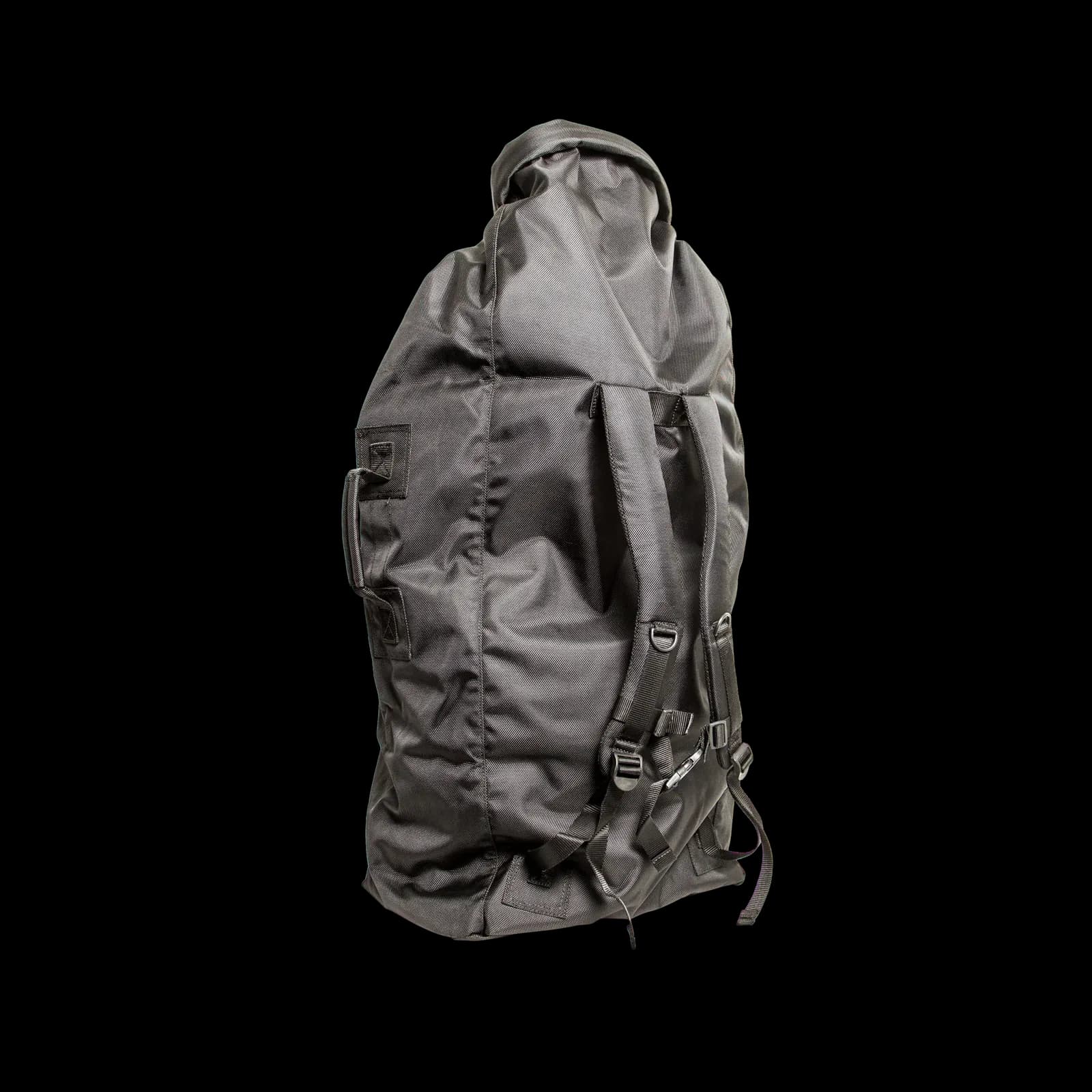 Equipment backpack 80 L in black, side view with shoulder straps